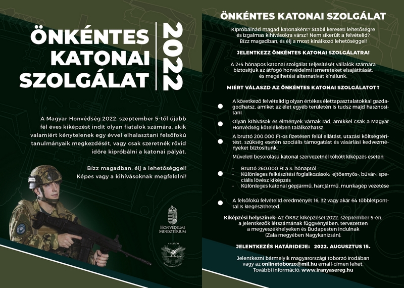 Magyar Honvédség önkéntes katonai szolgálat 2022 szórólap